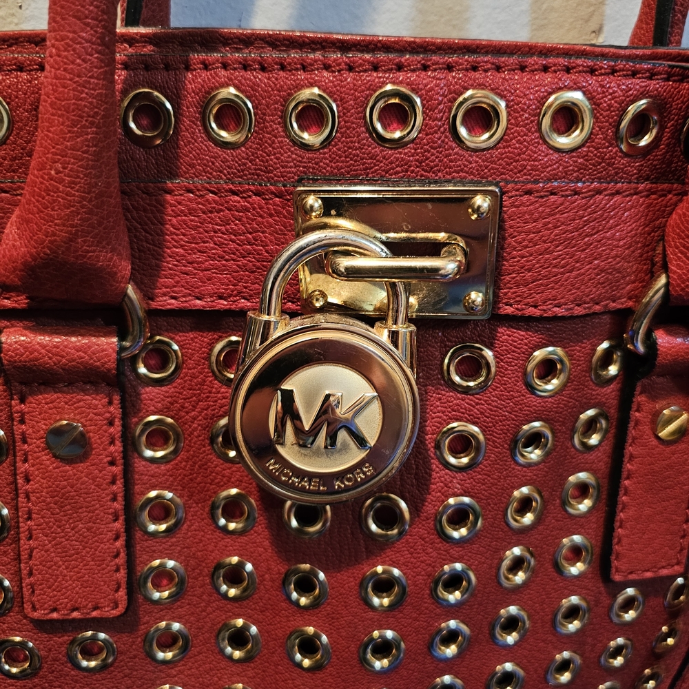 Michael Kors Red Studded Leather Tote with Gold Hardware